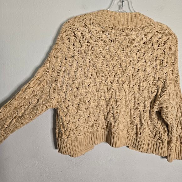 360 Sweater Crop 3/4 Sleeve Cable Knit Open Front Cardigan S Italian Yarn Tan - Picture 5 of 10